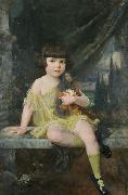 Douglas Volk Young Girl in Yellow Dress Holding her Doll, Spain oil painting artist